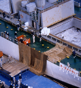 Aerial view of a docked ship unloading imported rice.