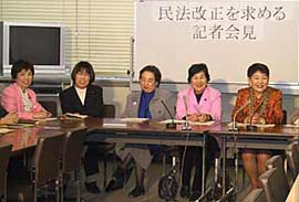 選択的男女別姓を求める女性国会議員たちが記者会見のために並んでテーブルついて座っています。